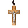 Croix de cou épaisse en bois d' olivier avec Christ métal H. 4 cm et cordon cuir 70 cm.