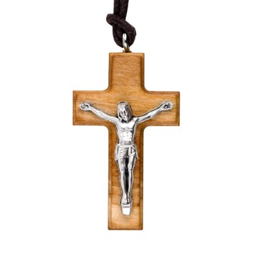 Croix de cou épaisse en bois d' olivier avec Christ métal H. 4 cm et cordon cuir 70 cm.