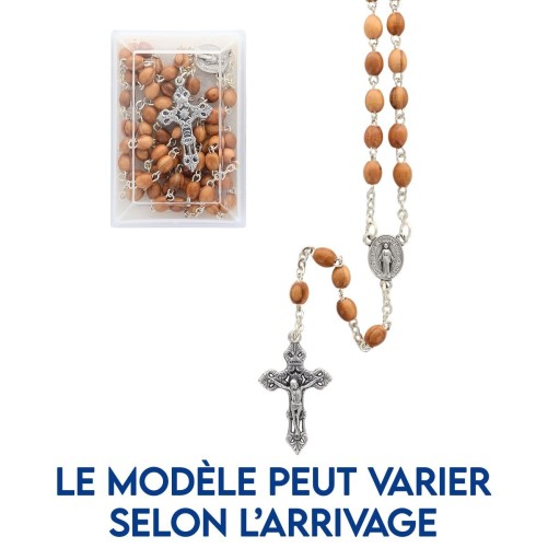 Chapelet en bois d olivier, chaine et croix avec Christ, grains Ø 6 mm. Livre en boite.