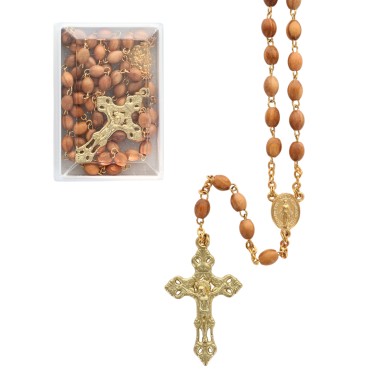 Chapelet en bois d'olivier, chaine et croix avec Christ, grains Ø 6 mm . Livré en boite.