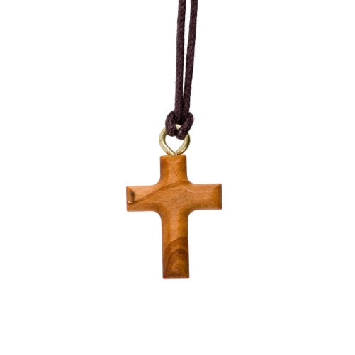 Croix de cou biseautée en bois d' olivier H. 2 cm avec cordon cuir 70 cm.
