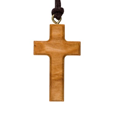 Croix de cou épaisse en bois d' olivier H. 4 cm avec cordon 70 cm.