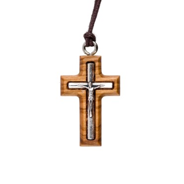 Croix de cou en bois d' olivier avec Christ métal incrusté H. 3 cm et cordon cuir 70 cm.