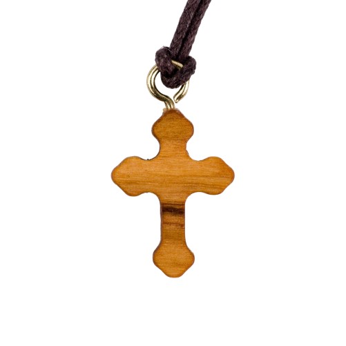 Croix de cou orthodoxe en bois d' olivier H. 1,8 cm avec cordon cuir 70 cm.