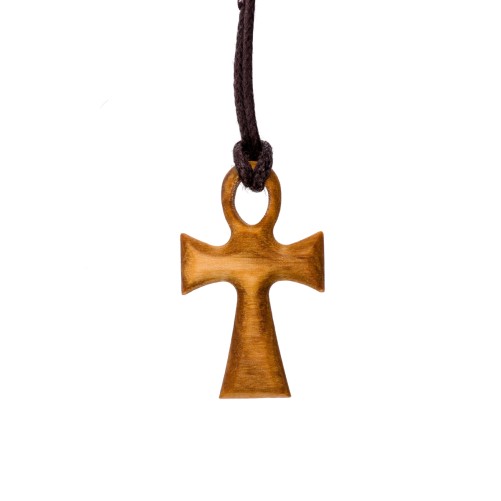 Pendentif croix de cou Egyptienne en bois d' olivier H. 2,8 cm avec cordon cuir 70 cm.