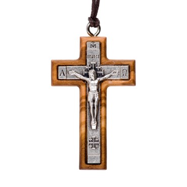 Croix de cou épaisse en bois d'olivier avec Christ métal incrusté H. 4 cm et cordon cuir 70 cm.