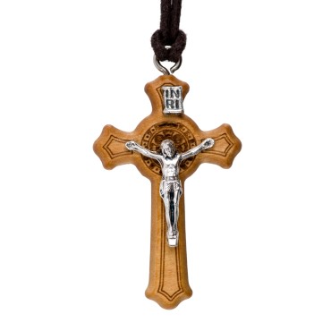Croix de cou de saint Benoit en bois d' olivier, hauteur 4 cm avec médaille imprimée et cordon 65 cm.