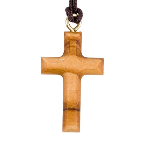 Croix de cou biseautée en bois d' olivier H. 3 cm avec cordon cuir 70 cm.