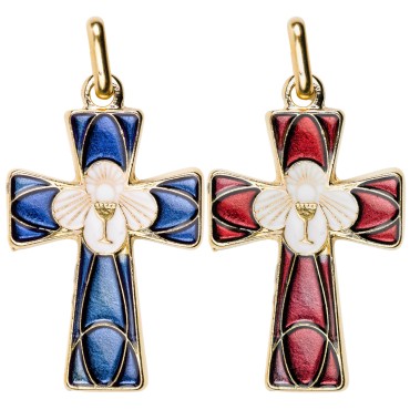 Croix de cou en métal doré, émaillée, avec calice de communion – Revers : PAX – Hauteur 4,5 cm