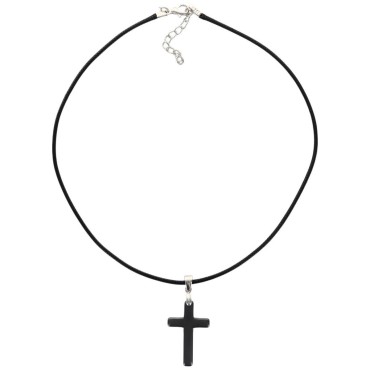 Pendentif croix en hématite, sur cordon noir réglable avec fermoir, hauteur 5 cm.