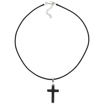 Pendentif croix en hématite, sur cordon noir réglable avec fermoir, hauteur 5 cm.