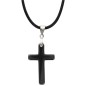 Pendentif croix en hématite, sur cordon noir réglable avec fermoir, hauteur 5 cm.