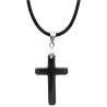 Pendentif croix en hématite, sur cordon noir réglable avec fermoir, hauteur 5 cm.