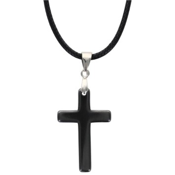 Pendentif croix en hématite, sur cordon noir réglable avec fermoir, hauteur 5 cm.
