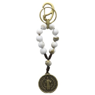 Porte-cles dizainier avec medaille saint Benoit, grains blancs effet marbre ø 10mm, 12 cm