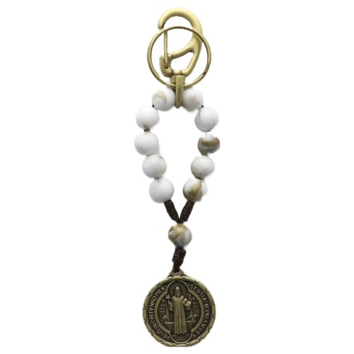 Porte-cles dizainier avec medaille saint Benoit, grains blancs effet marbre ø 10mm, 12 cm