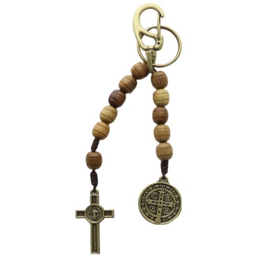 Porte-clés dizainier avec médaille saint Benoit et croix Christ, grains striés bois ø 9mm, 14 cm