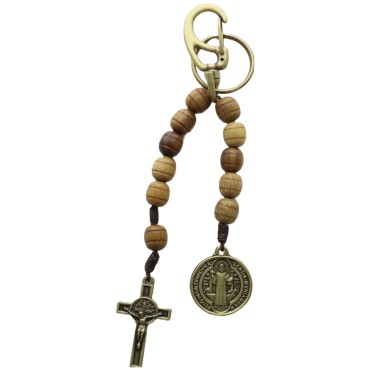 Porte-clés dizainier avec médaille saint Benoit et croix Christ, grains striés bois ø 9mm, 14 cm