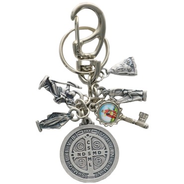 Porte-clés mousqueton en métal avec médaille saint Benoit et breloques