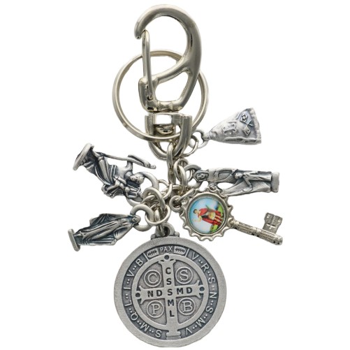 Porte-clés mousqueton en métal avec médaille saint Benoit et breloques