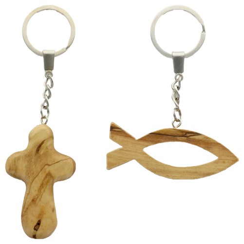 Porte-cles poisson et croix, assortis, fait main en bois d olivier de terre sainte, LOT DE 2