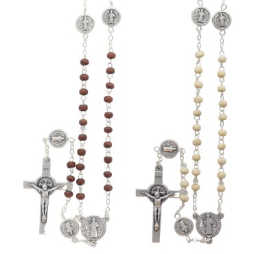 Chapelet de saint Benoît grains en bois Ø 3 mm sur chaîne avec fermoi et croix St Benoît, livré en boîte.
