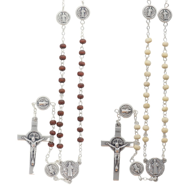 Chapelet de saint Benoît grains en bois Ø 3 mm sur chaîne avec fermoi et croix St Benoît, livré en boîte.