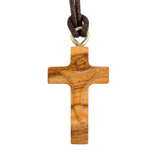 Croix de cou en bois d' olivier avec Christ moderne sculpte H. 3 cm et cordon cuir 70 cm.