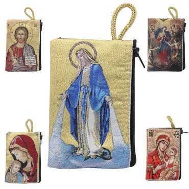 Porte-monnaie icône en tissu, brodé de fil doré, H 10 x 7 cm. plusieurs sujets.