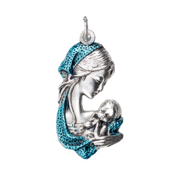 Pendentif de cou de la Vierge a l´enfant en métal couleur argentée emmaillé bleu H. 3 cm.