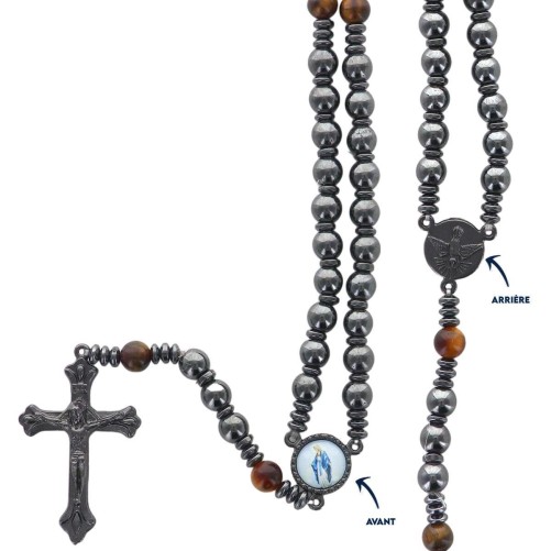 Chapelet sur élastique Grains en hématite et pater en œil de tigre Ø 6 mm. Longueur jusqu'au cœur 21 cm. Livré en boite.