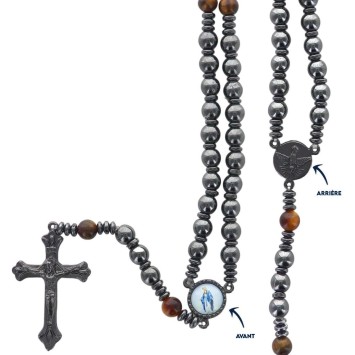 Chapelet sur élastique Grains en hématite et pater en œil de tigre Ø 6 mm. Longueur jusqu'au cœur 21 cm. Livré en boite.