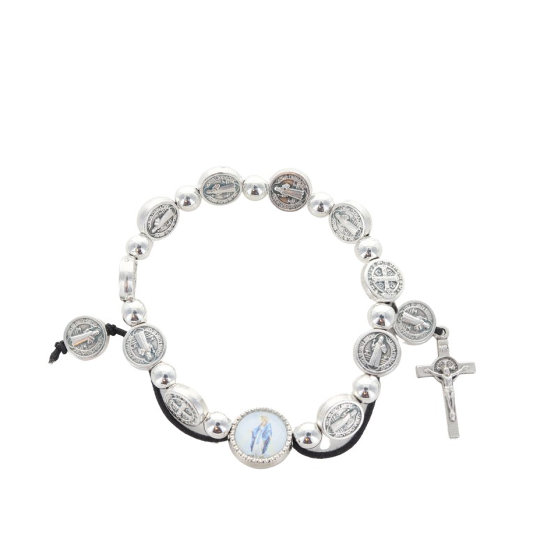 Bracelet dizainier sur élastique médaille de st Benoit et grains métal Ø 7 mm avec croix de st benoit et médaille résine VM