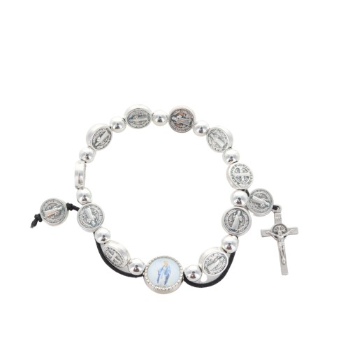 Bracelet dizainier sur élastique médaille de st Benoit et grains métal Ø 7 mm avec croix de st benoit et médaille résine VM