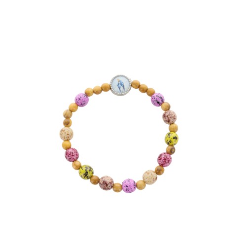 Bracelet sur élastique grains bois Ø 5 mm et grain bois tacheté Ø 5 mm avec médaille résine VM