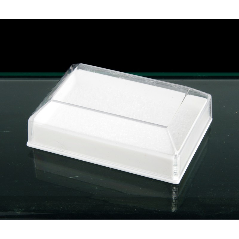 Boite a chapelet en plastique fond blanc, dessus transparent, mousse interieur, taille 6x4 cm H.2 cm.