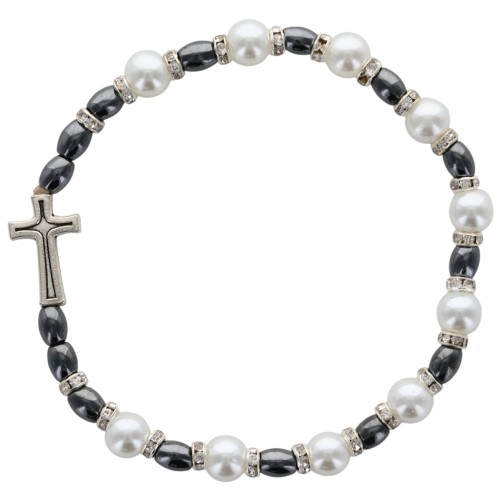 Bracelet dizainier sur élastique, grains en hématite et nacres avec strass ø 6 mm avec croix