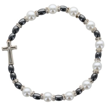 Bracelet dizainier sur élastique, grains en hématite et nacres avec strass ø 6 mm avec croix