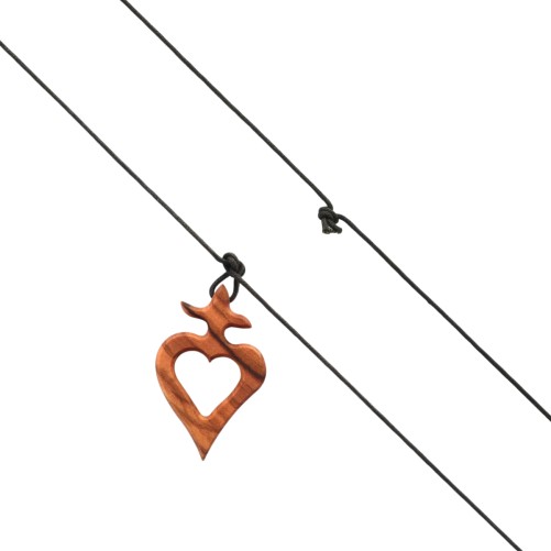 Pendentif en bois d oliver de l EX-VOTO ajoure, hauteur 4.5 cm avec cordon de 70 cm.