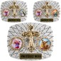 Plaque auto rectangle H. 3,5 x 4 cm arrondie en alu striée avec croix plus 2 résines, plusieurs saints.
