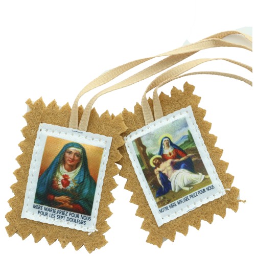 Scapulaire en tissus des 7 douleurs avec explications H. 4,5 x 5 cm. Livre en sachet individuel.