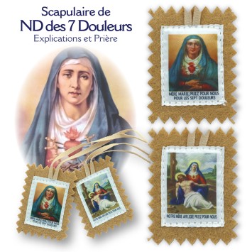 Scapulaire en tissus des 7 douleurs avec explications H. 4,5 x 5 cm. Livre en sachet individuel.