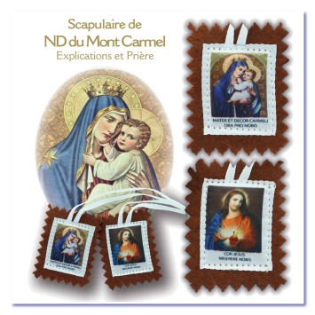 Scapulaire de ND du Mont Carmel en tissus avec explication H. 5 x 4,5 cm cordon blanc.Sachet individuel.