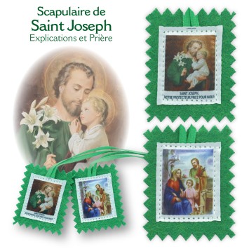 Scapulaire en tissus de saint Joseph avec explication H. 4,5 x 5 cm. Sachet individuel.
