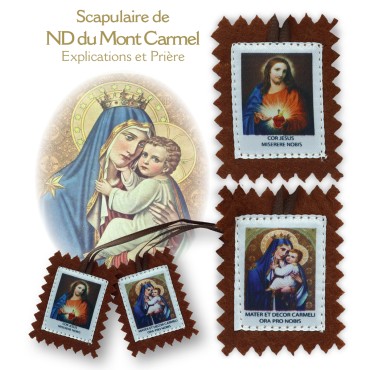 Scapulaire de ND du Mont Carmel en tissus avec explication H. 5 x 4,5 cm avec cordon marron. Livre en sachet individuel.