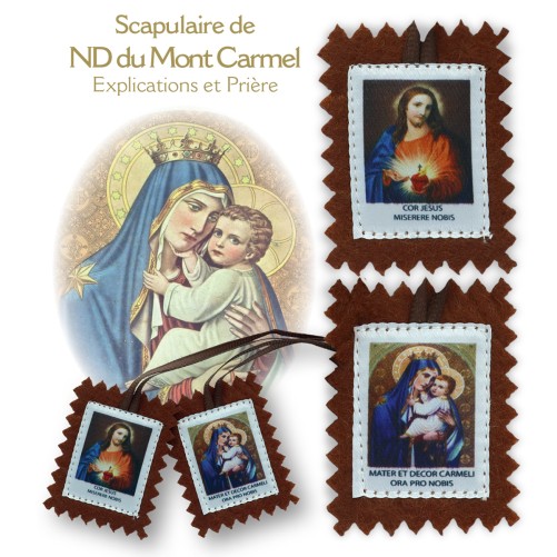 Scapulaire de ND du Mont Carmel en tissus avec explication H. 5 x 4,5 cm avec cordon marron. Livre en sachet individuel.