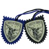 Scapulaire en tissus de saint Michel forme bouclier avec explication H. 4,5 x 5 cm. Sachet individuel.