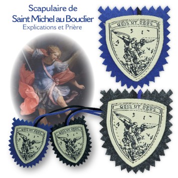 Scapulaire en tissus de saint Michel forme bouclier avec explication H. 4,5 x 5 cm. Sachet individuel.