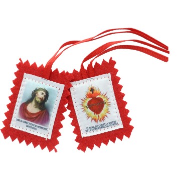 Scapulaire en tissus du Précieux Sang avec explication H. 4,5 x 5 cm. Sachet individuel.