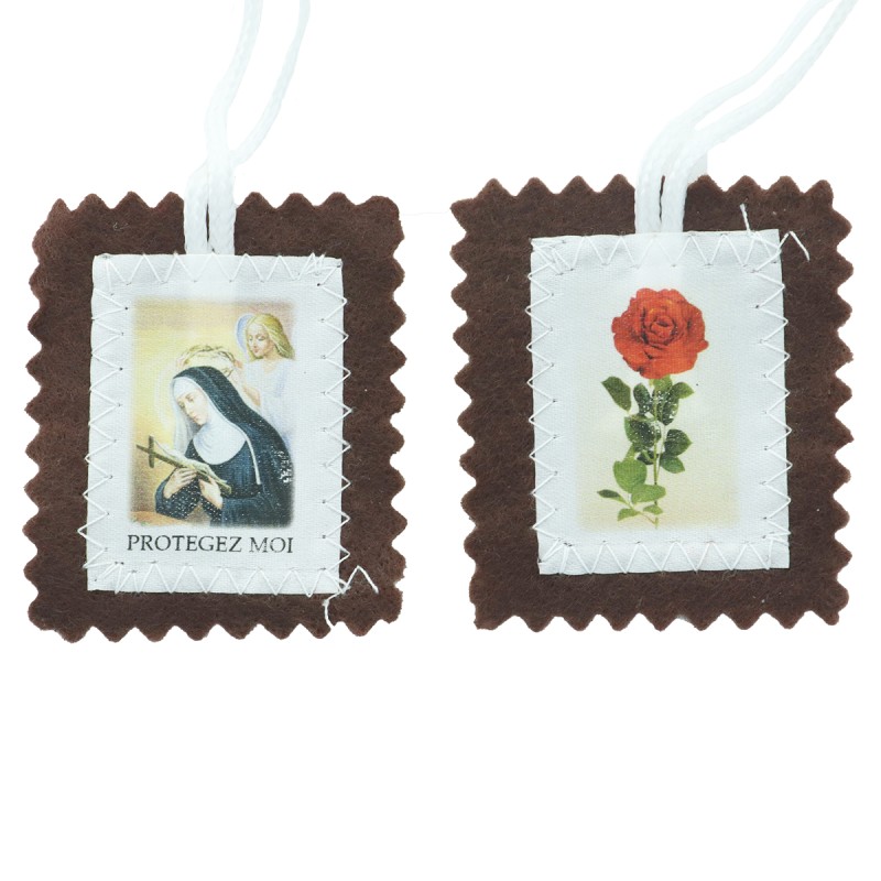 Scapulaire en tissus de sainte Rita H. 4,5 x 5 cm avec cordon blanc. Livre en sachet individuel.